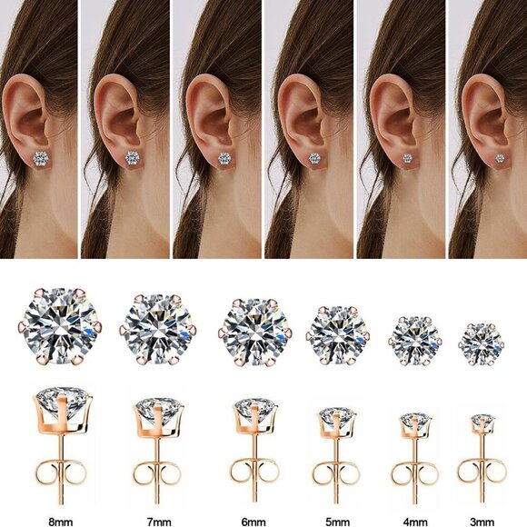 Hypoallergenic 316L Stainless Steel Rose Gold Earrings Set - 6 Pairs CZ Options - Picture 2 of 5